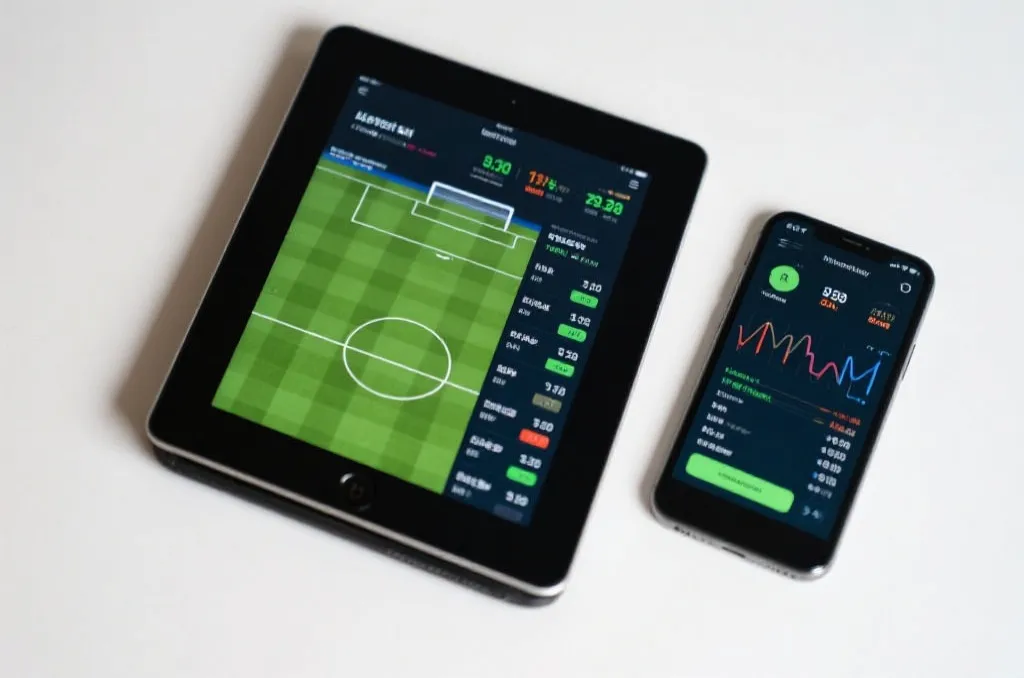 Close-up of a tablet and a smartphone side-by-side displaying football match statistics and live graphics