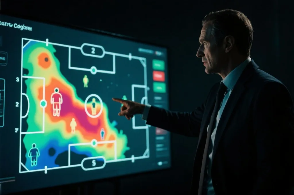 Professional football analyst analyzing tactical screen with heatmaps