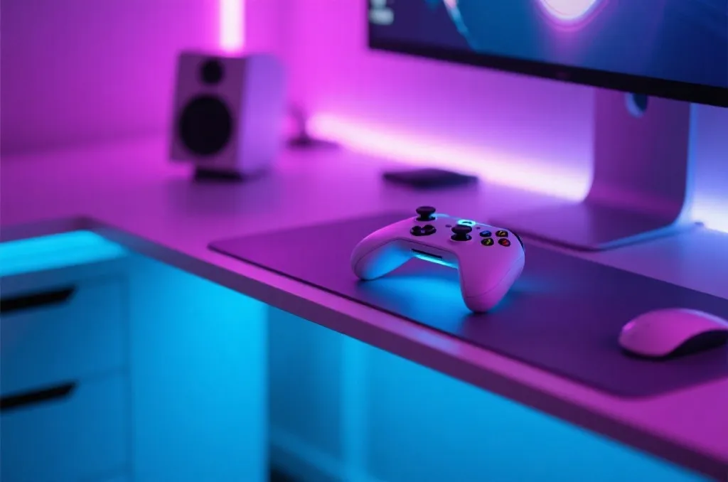 A modern gaming setup featuring a glowing wireless controller on a sleek desk with soft purple and blue ambient lighting, clean and cinematic shot